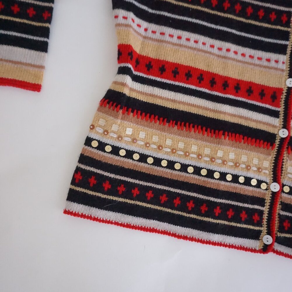 St Johns Bay Tan Red Striped Knit Button Cardigan Classic Preppy Grandmacore L - Picture 12 of 12